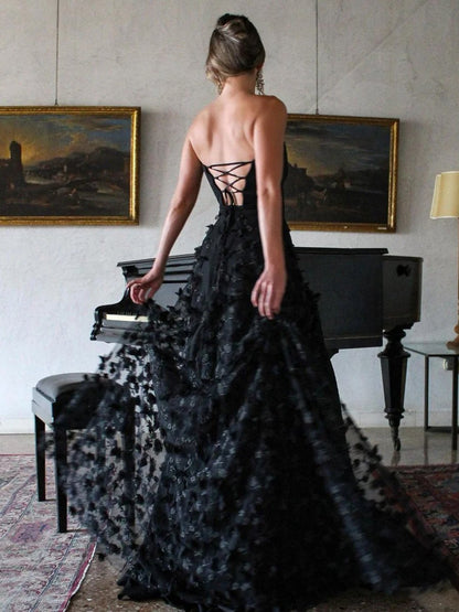 Scoop-Neck Strapless Sleeveless 3D-Flowers Pleated Tulle Long A-Line Prom Dresses with Slit