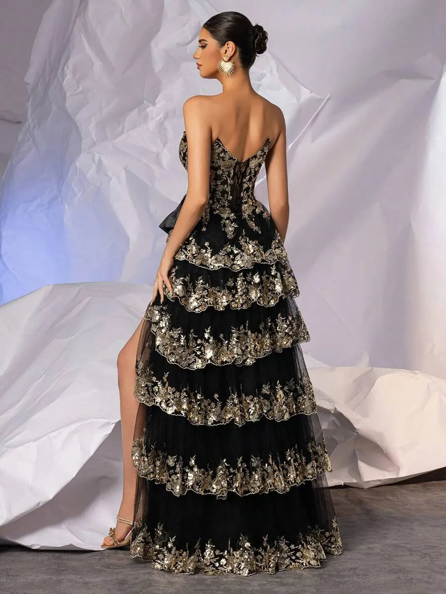 Sweethwart Sleeveless Sequined Applique Tulle Pleated Tiered Long A-Line Prom Dress