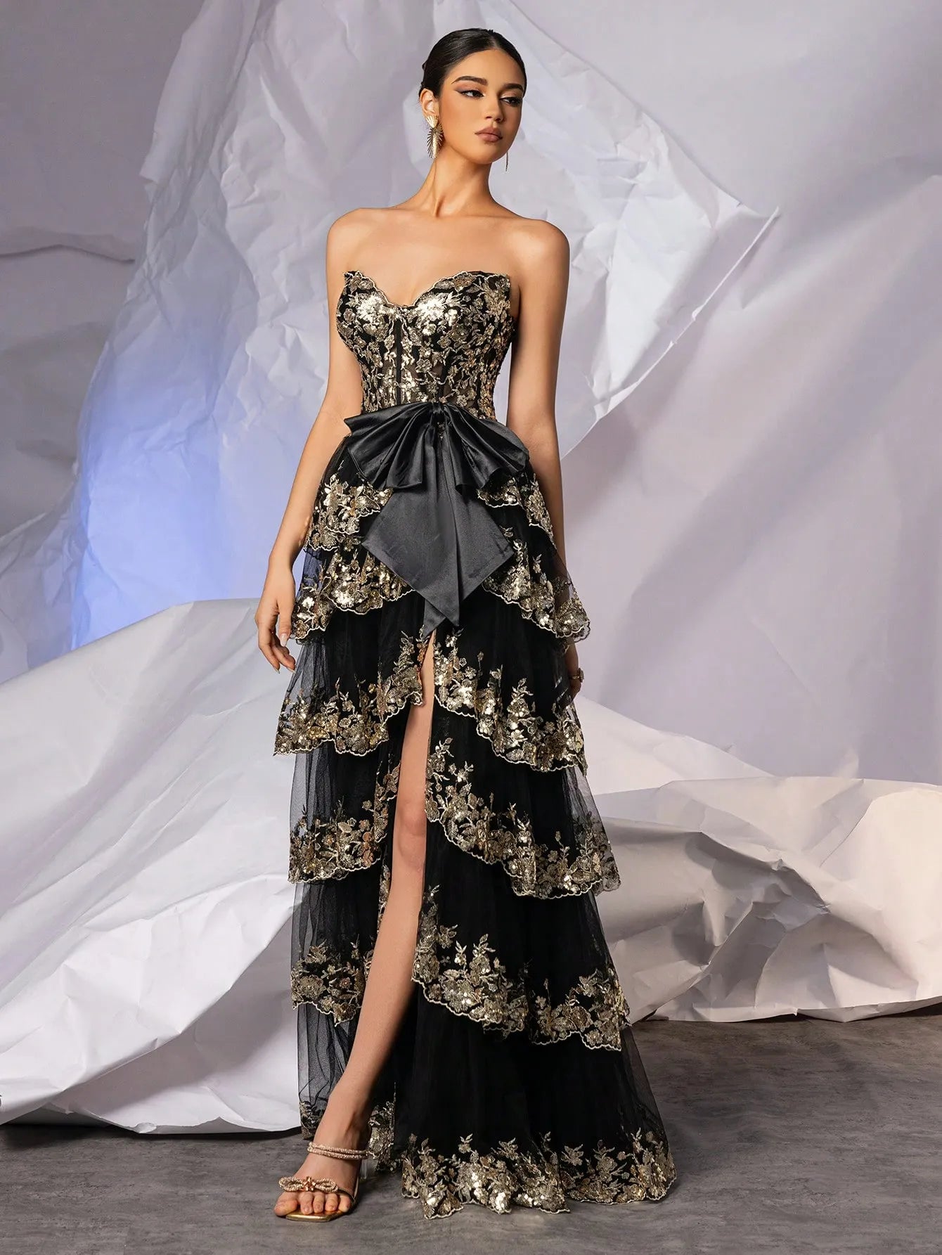 Sweethwart Sleeveless Sequined Applique Tulle Pleated Tiered Long A-Line Prom Dress