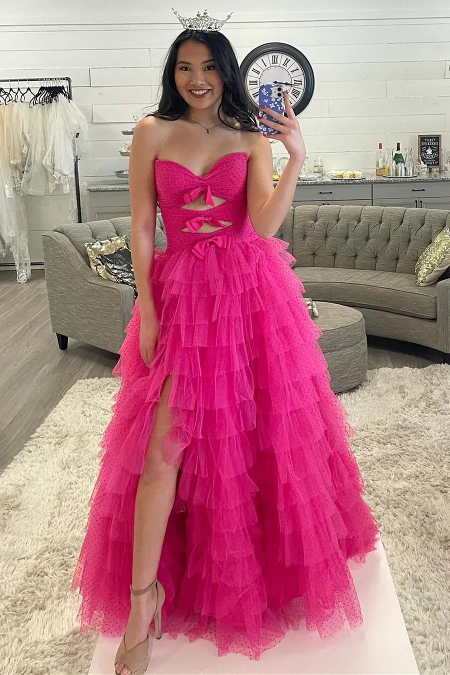 Sweetheart Off-Shoulder Sleeveless Tulle Pleated Tiered High Slit Prom Dress with Bows