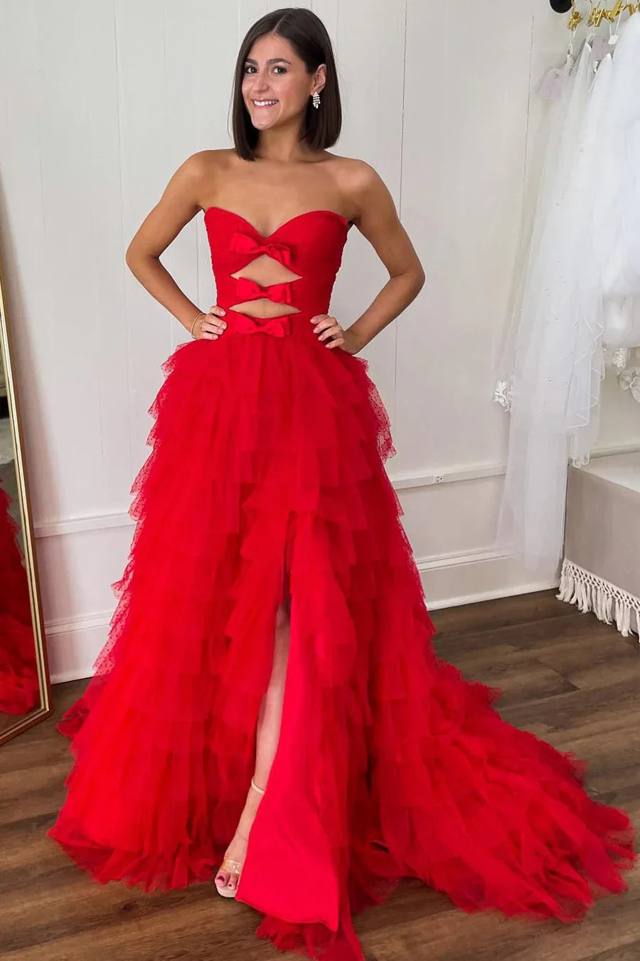 Sweetheart Off-Shoulder Sleeveless Tulle Pleated Tiered High Slit Prom Dress with Bows