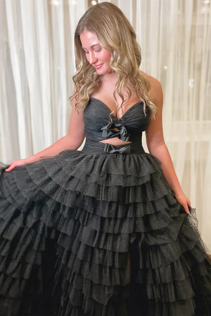 Sweetheart Off-Shoulder Sleeveless Tulle Pleated Tiered High Slit Prom Dress with Bows