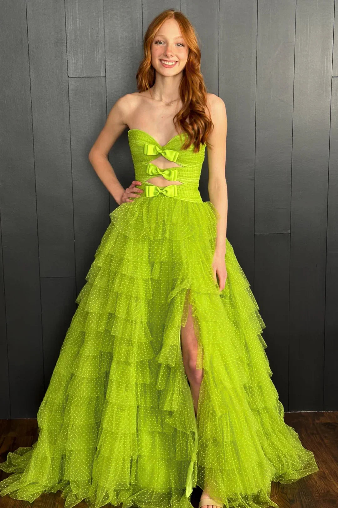 Sweetheart Off-Shoulder Sleeveless Tulle Pleated Tiered High Slit Prom Dress with Bows