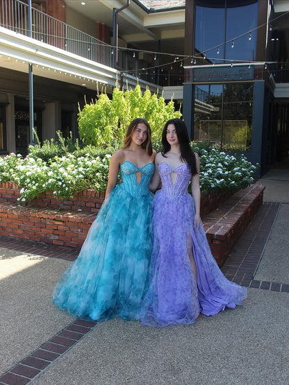 Sweetheart Sleeveless Floor-Length Beaded Print-Tulle Pleated A-Line Prom Dress