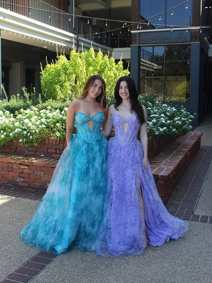 Sweetheart Sleeveless Floor-Length Beaded Print-Tulle Pleated A-Line Prom Dress