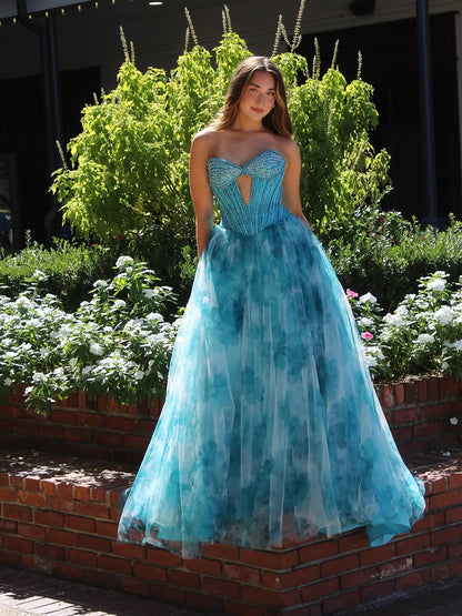 Sweetheart Sleeveless Floor-Length Beaded Print-Tulle Pleated A-Line Prom Dress