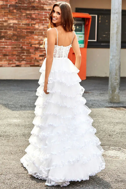 A-Line Sweetheart Spaghetti Straps Sleeveless Applique Tulle Pleated Tiered Prom Dress with Slit
