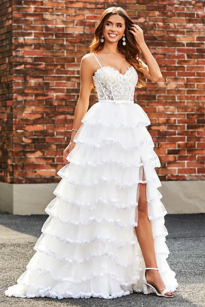 A-Line Sweetheart Spaghetti Straps Sleeveless Applique Tulle Pleated Tiered Prom Dress with Slit