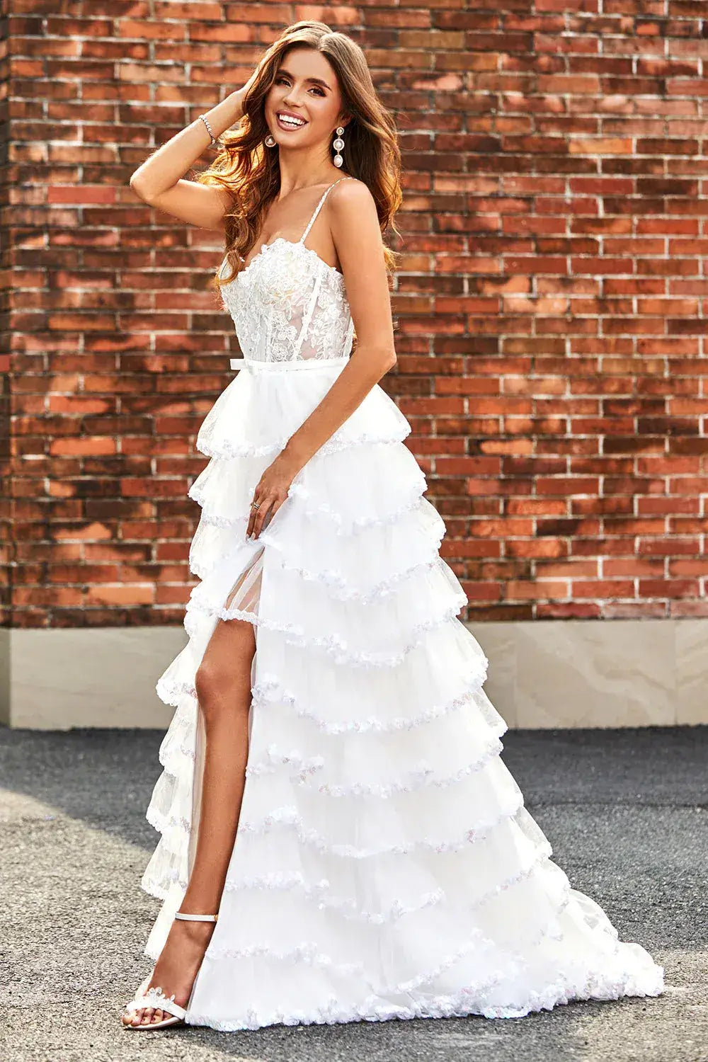 A-Line Sweetheart Spaghetti Straps Sleeveless Applique Tulle Pleated Tiered Prom Dress with Slit