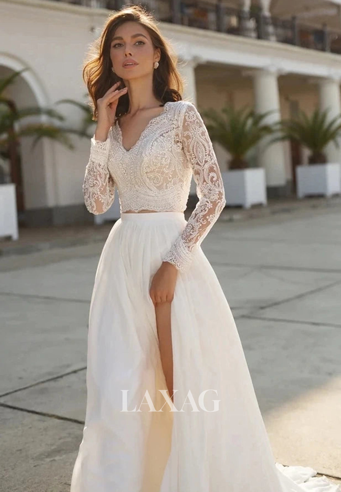 blouson lace dress A-Line V-Neck Sleeveless Straps Blouson Lace Illusion Cutout with Sweep Train Wedding Dress White / US10