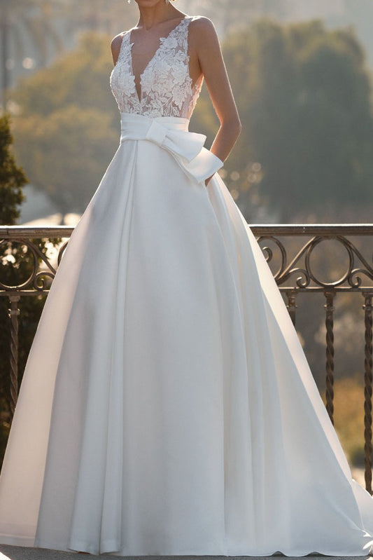 Deep V-Neck Sleeveless Floor-Length Applique Satin Pleated A-Line Wedding Dress