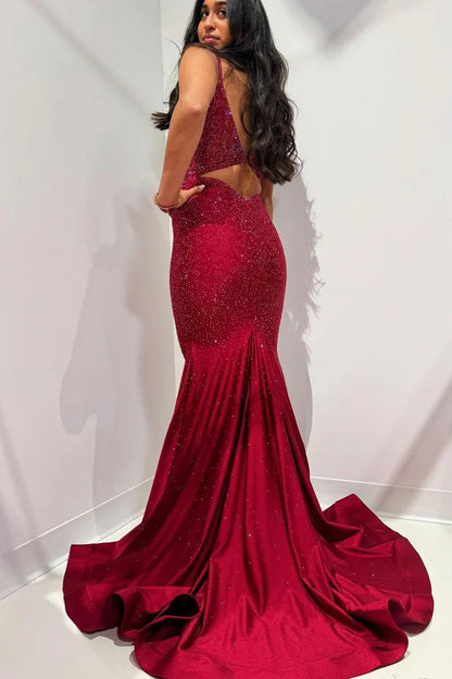 Deep V-Neck Spaghetti Straps Sleeveless Fully Beaded Satin Mermaid Prom Dress Sweep Train