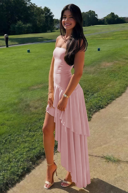 Sheath Strapless Spandex High Low Long Prom Dresses with Ruffles