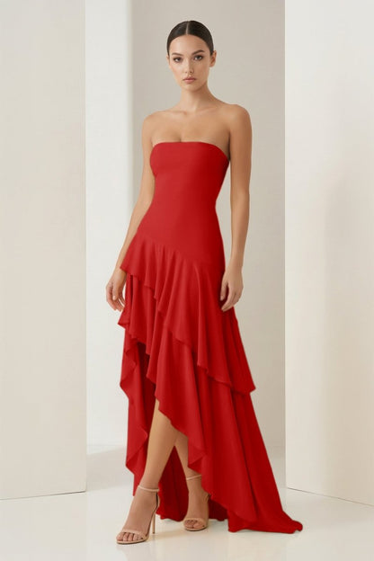 Sheath Strapless Spandex High Low Long Prom Dresses with Ruffles