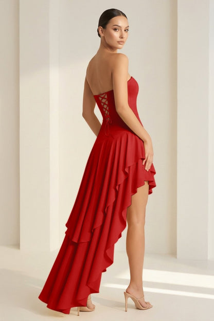 Sheath Strapless Spandex High Low Long Prom Dresses with Ruffles