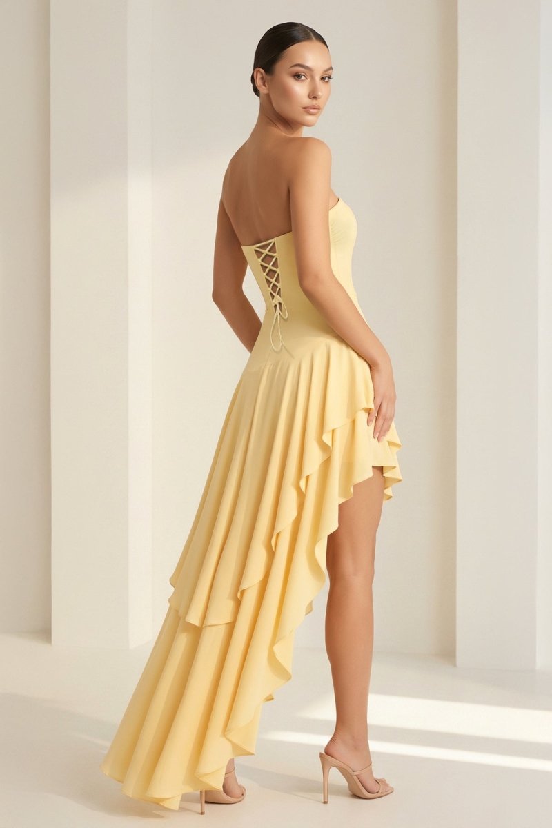 Sheath Strapless Spandex High Low Long Prom Dresses with Ruffles