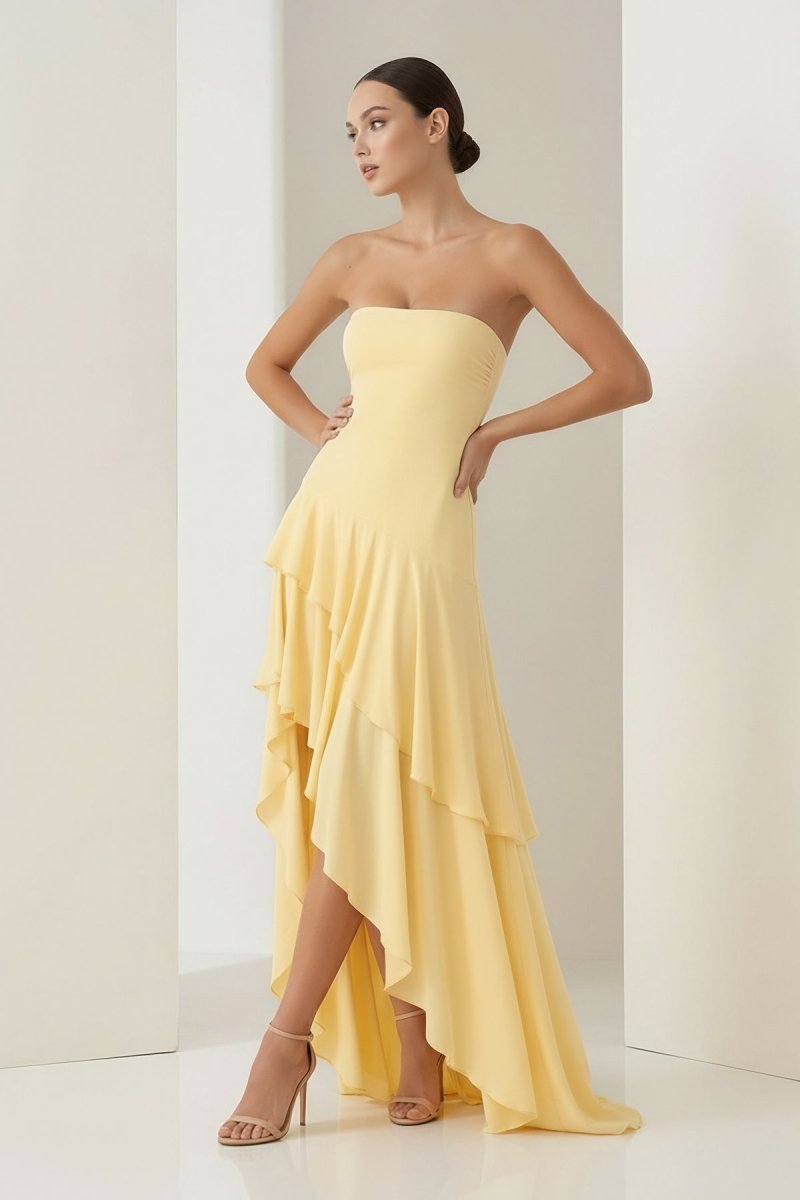 Sheath Strapless Spandex High Low Long Prom Dresses with Ruffles