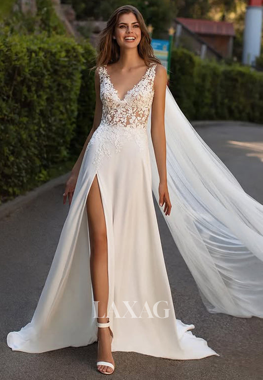A-Line Deep V-Neck Straps Satin Bride Gowns Sleeveless Applique Wedding Dress with High Slit