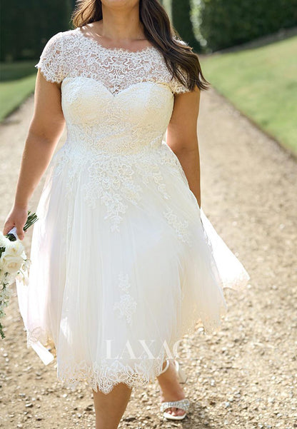 Scoop-Neck Cap-Sleeves Tea-Length Bride Gowns Allover Lace Pleated Tul Laxag Scoop-Neck Cap-Sleeves Tea-Length Bride Gowns Allover Lace Pleated Tul Laxag