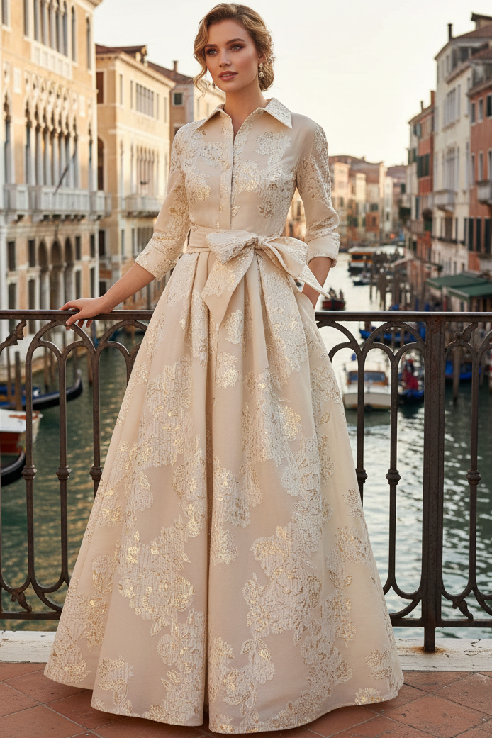 Collared 3/4-Sleeves Jacquard Satin Pleated Floor-Length A-Line Formal Cocktail Dress