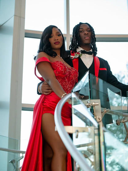 Sweetheart Beaded Sequined Applique Mermaid Prom Dress Off-Shoulder Satin Pleated Slit Evening Gowns