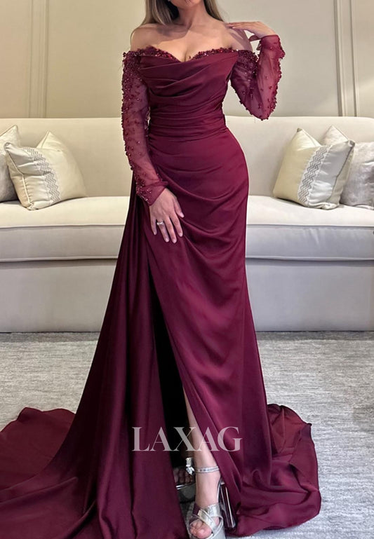 Sweetheart Beaded Satin Mermaid Evening Dress Tulle-Long-Sleeves Pleated Slit Formal Gowns