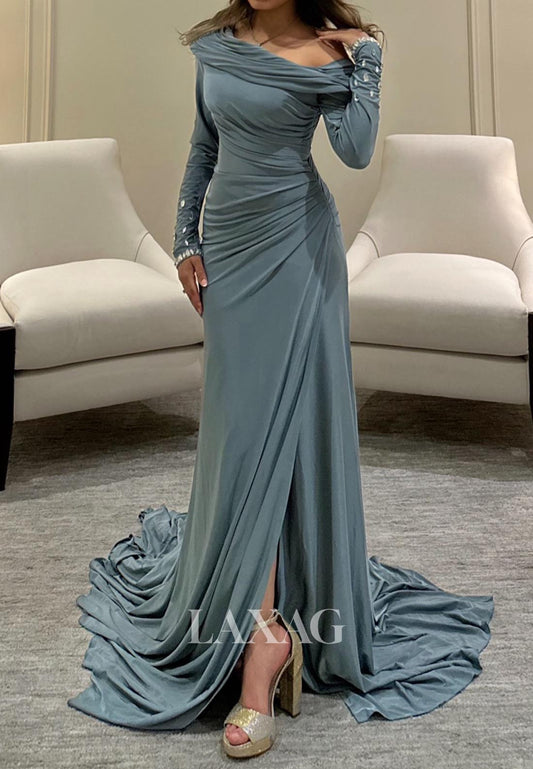 Asymmetrical-Neck Long-Sleeveless Beaded Formal Gowns Pleated Satin Mermaid Evening Dress