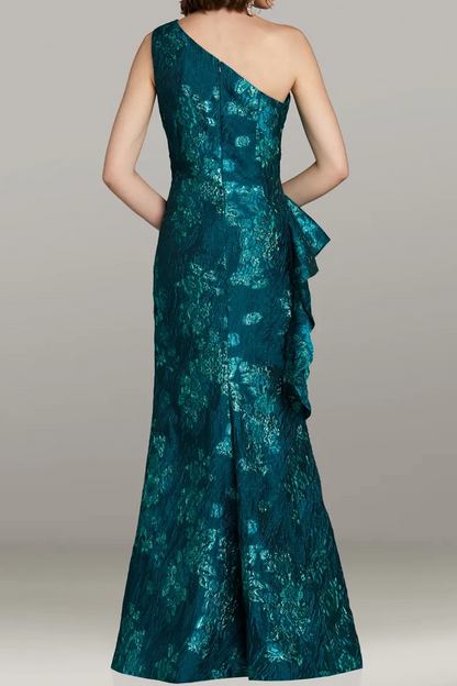 Asymmetrical-Neck Sleeveless Jacquard Satin Floor-Length Mermaid Formal Cocktail Dress