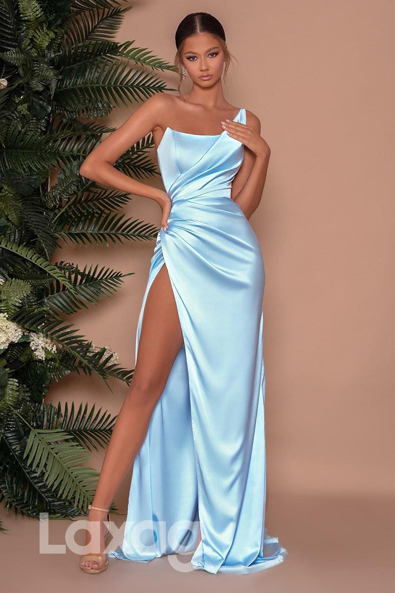 12706 - Strapless Pleated Blue Prom Evening Dress With High Split