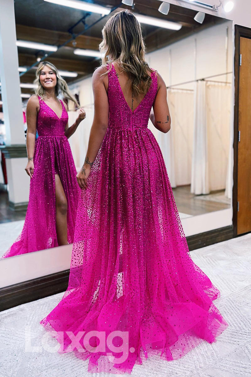 12780 - High Slit V Neck Glitter Backless Prom Evening Dress