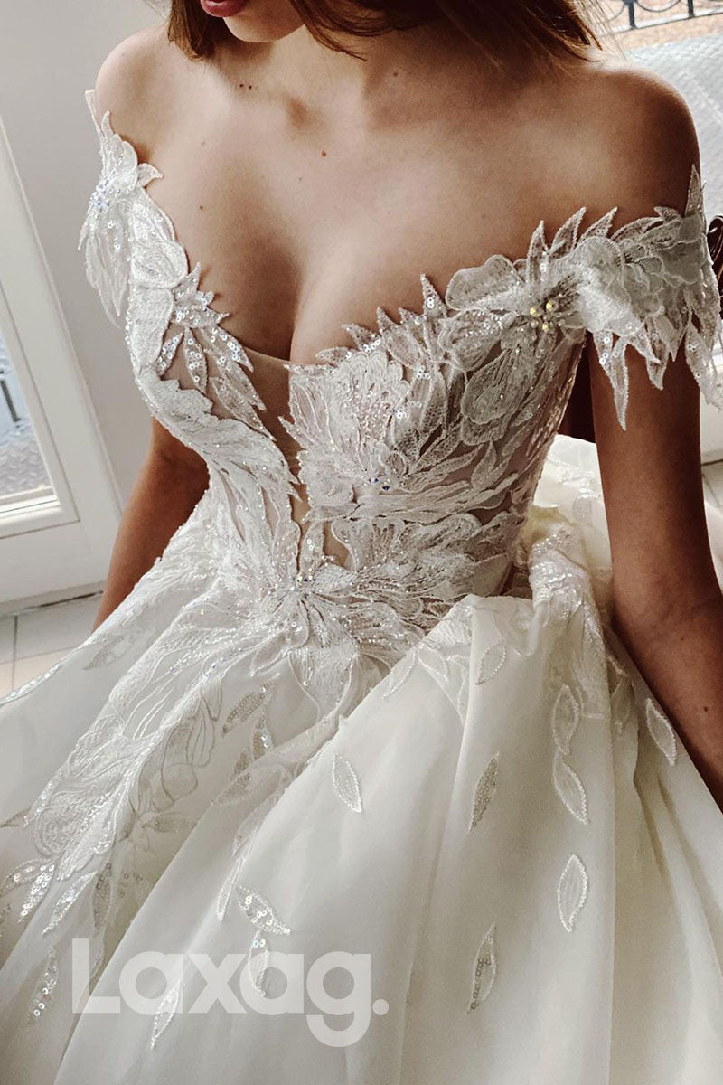 14535 - Off Shoulder Lace Applique Rustic Wedding Dress A-line Bridal Gown|LAXAG