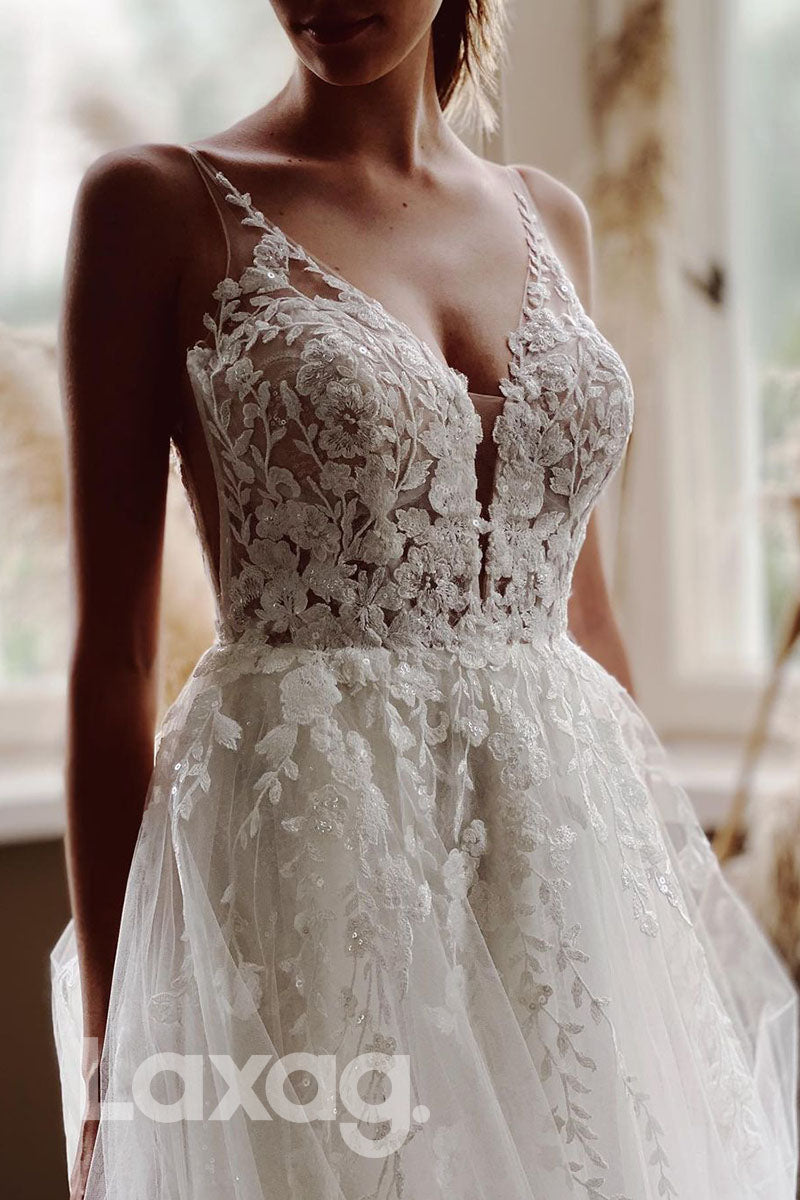 14537 - Women's Spaghetti Straps Lace Applique Rustic Wedding Dress|LAXAG
