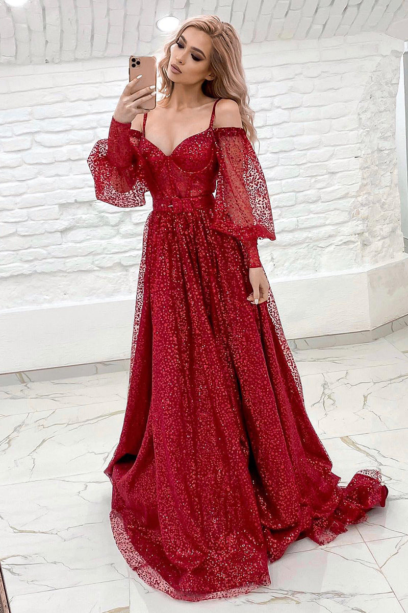 14742 - Spaghetti Sleeves Sequined Red Prom Gown With Sweep Train