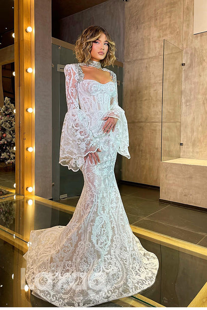 15604 -_High Neck Appliques Puffy Sleeves Lace Mermaid Wedding Gown