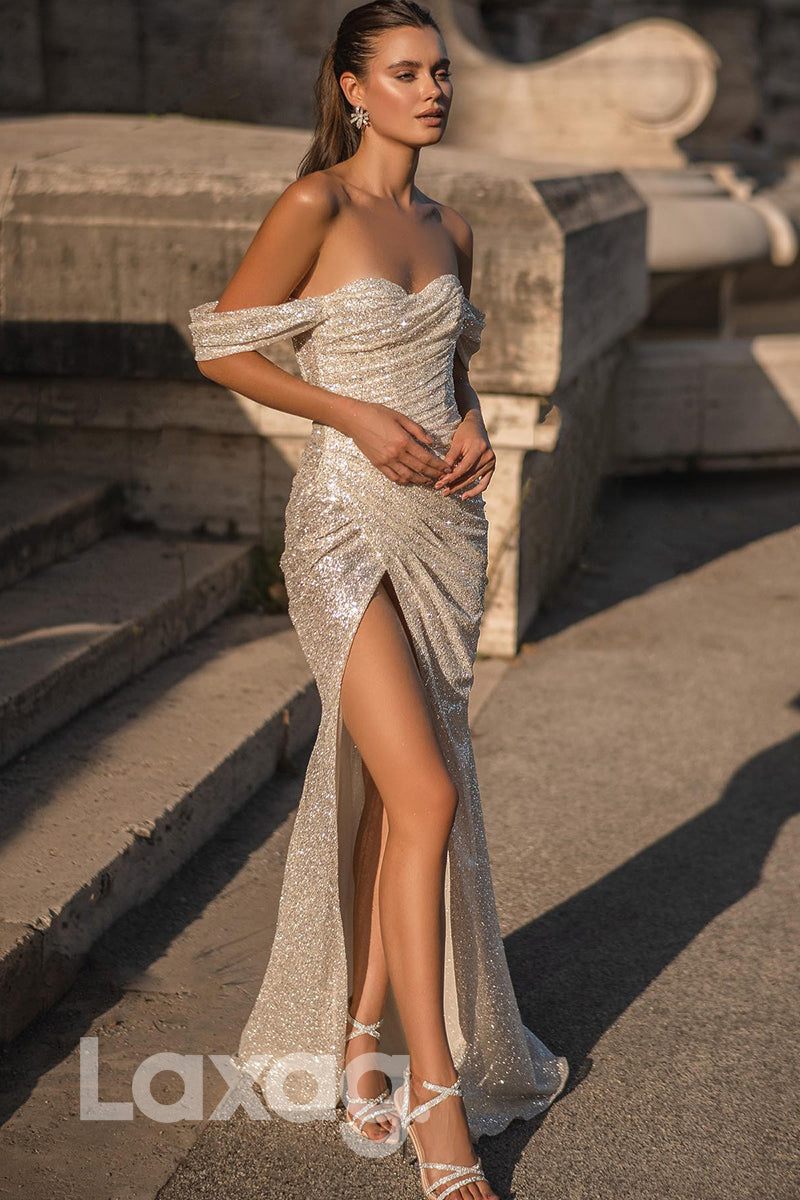 15610 -_Off Shoulder Bone Bodice Thigh Slit Glitter Wedding Dress