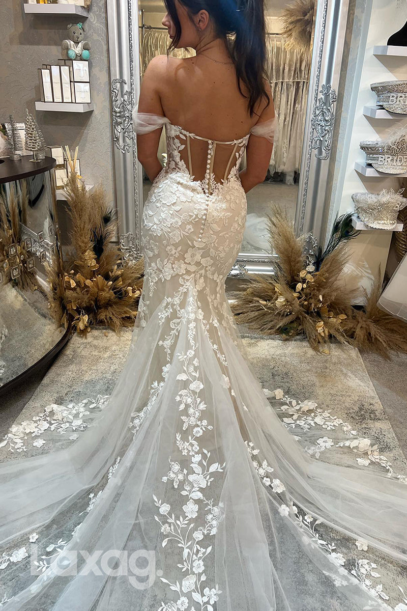 15620 - Off-Shoulder Mermaid Lace Appliqued Wedding Dress