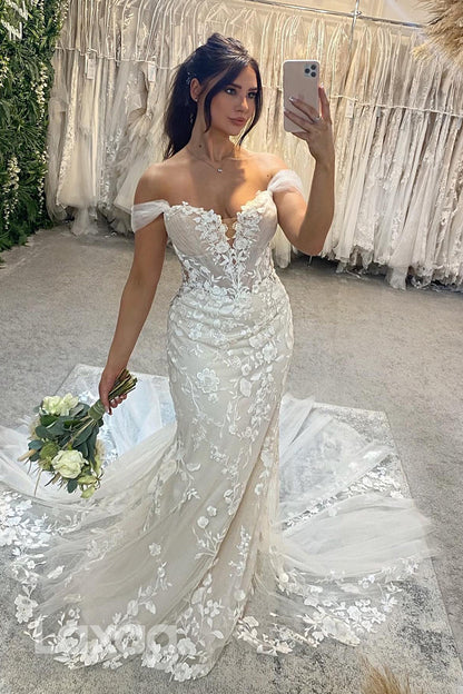 15620 - Off-Shoulder Mermaid Lace Appliqued Wedding Dress