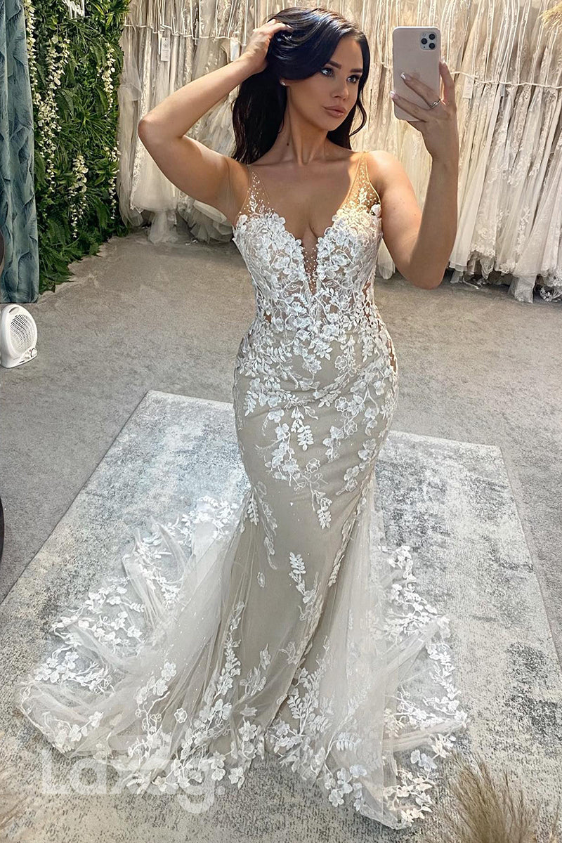 15621 - Spaghetti Straps Lace Appliqued Sparkly Mermaid Wedding Dress