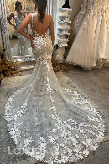 15621 - Spaghetti Straps Lace Appliqued Sparkly Mermaid Wedding Dress