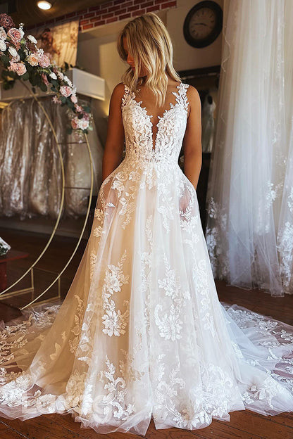 15623 - Deep V-Neck Lace Appliqued Backless Wedding Dress