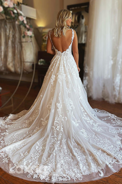 15623 - Deep V-Neck Lace Appliqued Backless Wedding Dress