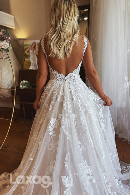 15623 - Deep V-Neck Lace Appliqued Backless Wedding Dress