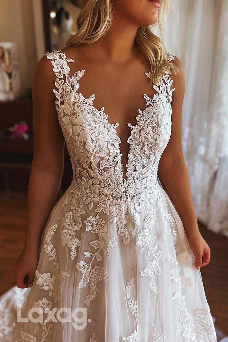 15623 - Deep V-Neck Lace Appliqued Backless Wedding Dress