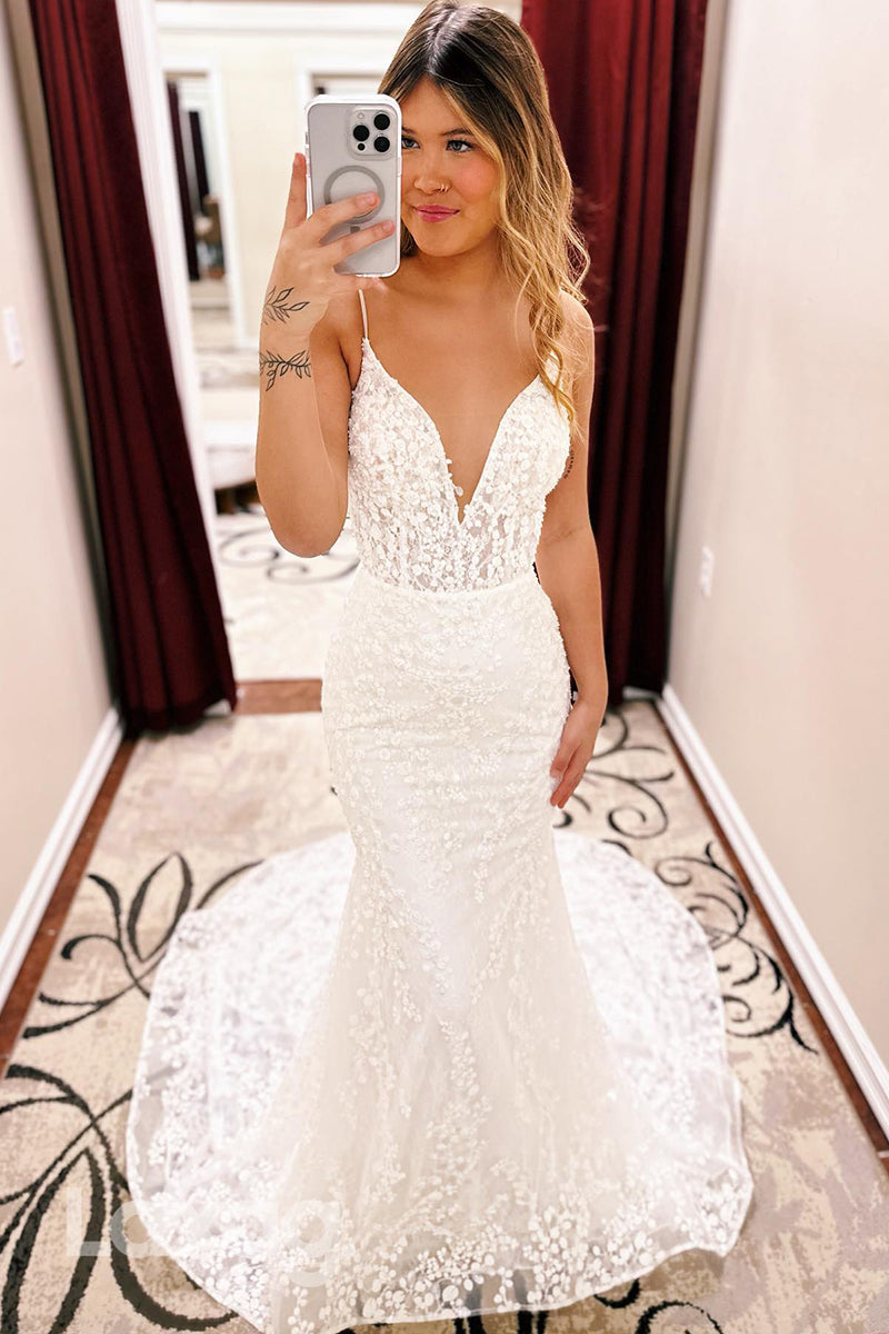 15624 - Spaghetti Straps Lace Appliqued Backless Mermaid Wedding Dress