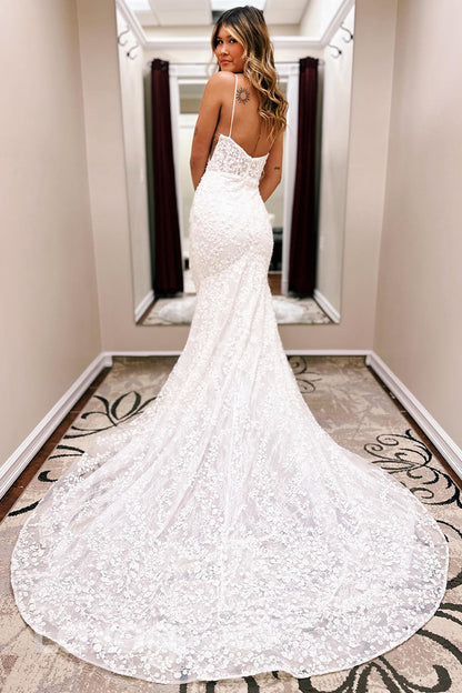 15624 - Spaghetti Straps Lace Appliqued Backless Mermaid Wedding Dress