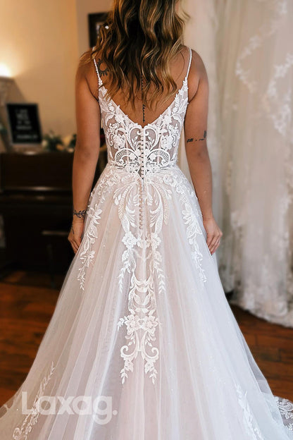15627 - Off-Shoulder Lace Appliqued Sparkly Wedding Dress With Slit
