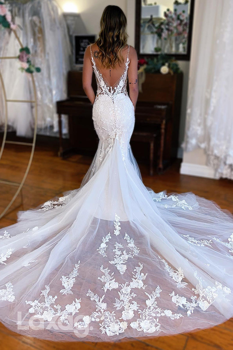 15631 - Low V-Neck Lace Appliqued Sparkly Backless Mermaid Wedding Dress