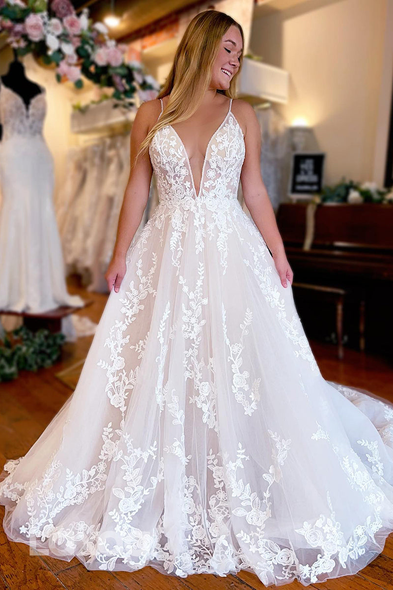 15633 - Spaghetti Straps Low-V-Neck Lace Appliqued Wedding Dress