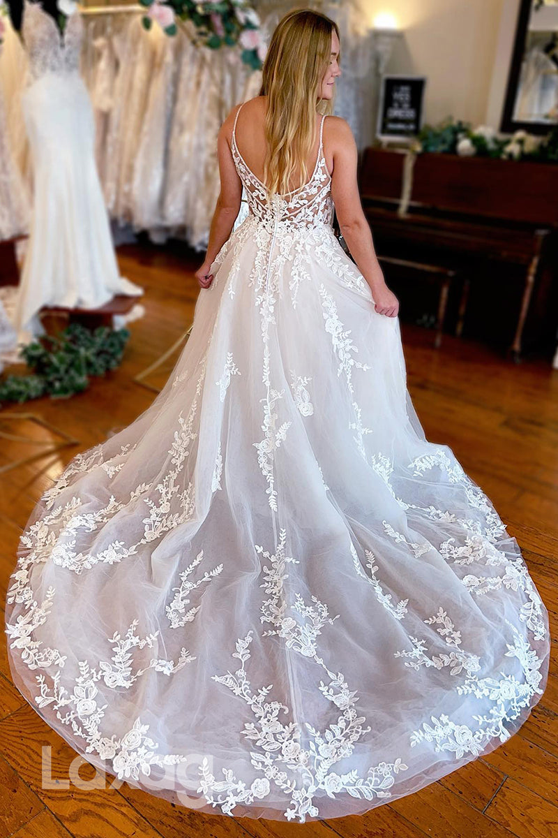 15633 - Spaghetti Straps Low-V-Neck Lace Appliqued Wedding Dress