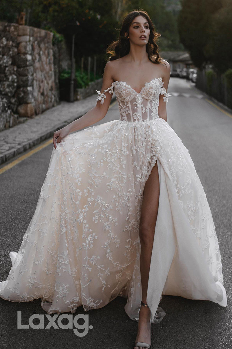 15637 - Off-Shoulder Lace Appliqued A-Line Wedding Dress With Slit